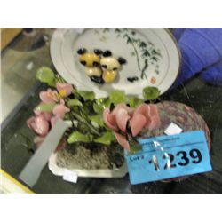 3 decorative household pieces; glass flower,