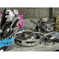 Shelf lot of pots, pans, kitchenwares etc