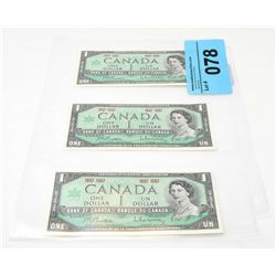 3 1967 royal canadian mint 1 dollar bank notes