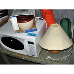 Shelf lot of misc items; mircowave, tent, lamps