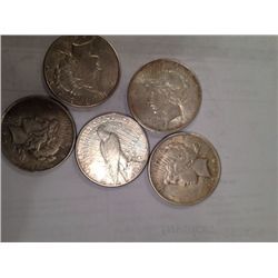 5 Mixed Dates 90% Silver Peace Dollars