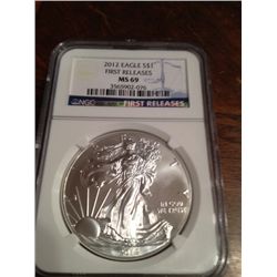 2012 SILVER EAGLE FIRST RELEASES NGC MS69 BLUE