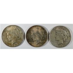 ( 3 ) NICE CIRCULATED PEACE SILVER DOLLARS, 1923-S, 1924-P. AND 1925-S