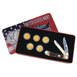 2004 GOLD PLATED STATE QUARTERS AND COMMEMORATIVE TRAPPER KNIFE IN NICE TIN