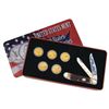 Image 1 : 2004 GOLD PLATED STATE QUARTERS AND COMMEMORATIVE TRAPPER KNIFE IN NICE TIN