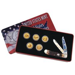 2005 GOLD PLATED STATE QUARTERS AND COMMEMORATIVE TRAPPER KNIFE IN NICE TIN