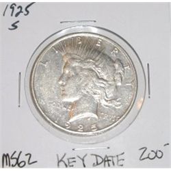 1925-S PEACE SILVER DOLLAR RED BOOK VALUE IS $200.00+ *RARE MS-62 HIGH GRADE KEY DATE NICE COIN*!!