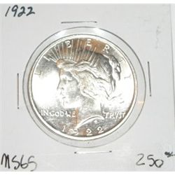 1922 PEACE SILVER DOLLAR RED BOOK VALUE IS $250.00+ *RARE MS-65 HIGH GRADE KEY DATE NICE COIN*!!