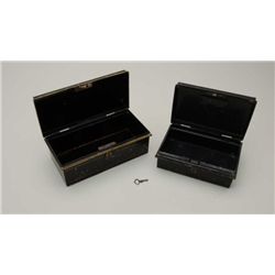 Lot of 2 antique painted metal bank lock  boxes, one with a key; the first one is  approx. 10-1/2” l