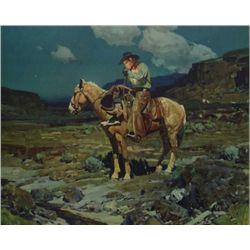 Color print by noted Western artist Frank  Tenney Johnson  (1874-1939) entitled  “Somewhere on the R