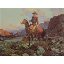 Frank Tenney Johnson (1874-1939) color print  entitled “Lengthening Shadows” showing a  cowboy on hi
