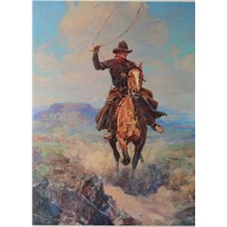 Color print by famed Western artist Frank  Tenney Johnson (1874-1939) entitled “On the  Open Range” 