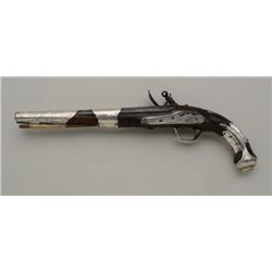 LATE 18TH CENTURY TO DEARLY 19TH CENTURY  FLINTLOCK PISTOL WITH HAMMERED COIN SILVER  MOUNTS IN MID 