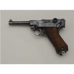 BYF 42 date Luger, #1928e, 9mm, 4" barrel,  arsenal finish, checkered walnut grips and  aluminum bas