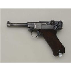 German Luger semi-auto pistol by DWM, 9mm  cal., 4” barrel, re-blued finish, checkered  wood grips, 