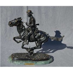 Large Remington re-cast of “The Trooper”,  approx. 21” in height, 21” long and 6” wide  on stone bas