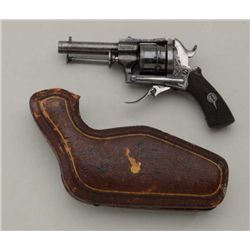 Belgian pinfire folding trigger revolver,  .22RF cal., blue finish, checkered wood grips  in overall