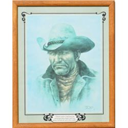 Oak framed Western character print by Bill  Hampton approx. 22” x 17” with great  expression on the 