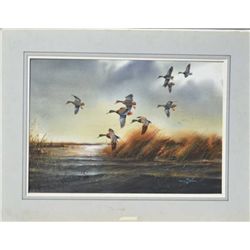 Original watercolor on paper signed lower  right Gregory F. Messier titled “Dark Water  Mallards”. A