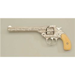 Iver-Johnson DA top break revolver, .32 cal.,  6” barrel, nickel finish, non-factory  engraving, fau