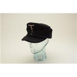 German Panzer M43 EM cap, black cap with  machine applied insignia, interior maker  stamped 'Lago 19