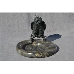 Antique casting of owl mounted on stone base  which could be used as large ashtray or  cardholder. C