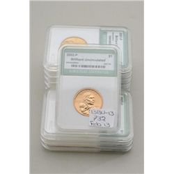 Lot of 10 brilliant uncirculated US one  dollar coins showing bust of Sacajawea dated  2002 with Phi