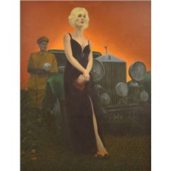 Original oil painting on canvas of 1930s  movie star with Rolls-Royce in background  inspired by tra