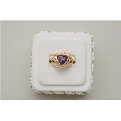 One 14k yellow gold ladies ring set with a  trilliant shaped checkerboard cut amethyst.  Est.:$350-$