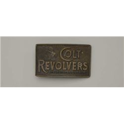 “Colt Revolvers” brass belt buckle approx.  2-1/4” x 4” in overall good condition with a  nice dark 