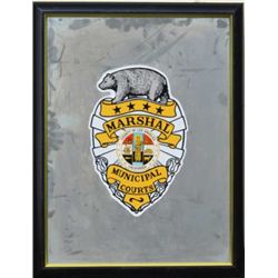 Large framed mirror with emblem of the Los  Angeles County Marshal’s Office, approx. 27”  x 20”.  Es