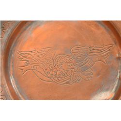 Older copper tray approx. 10” in diameter  with spread American Eagle and decoration  around rim; ov