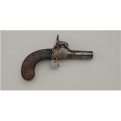 Percussion screw barrel single shot folding  trigger pistol, .44 cal., 2” barrel, wood  grip, frame 