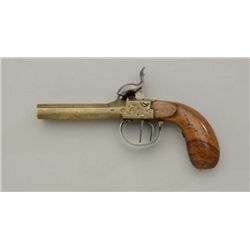 Antique SxS percussion brass pistol, Belgian  proofed, .41 cal., 3” octagon barrels, wood  grip in o