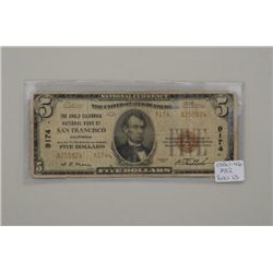 $5 banknote from Anglo California National  Bank of San Francisco series of 1929. Shows  folding and