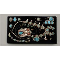 Lot of approx. 12 pieces of older pawn  turquoise jewelry including a beautiful  squash blossom neck