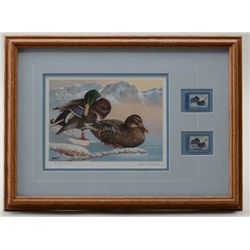 Framed and matted Washington Waterfowl Stamp  color print and two $5 1986 stamps by Keith  Warrick, 