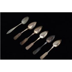 Lot of 6 early American style spoons in coin  silver or possibly sterling. 3 marked  T.  Curtis and 