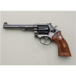 Smith & Wesson Model 10-2 DA revolver, .38  Special cal., 6” barrel, blue finish,  checkered wood me
