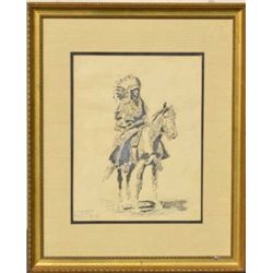 Framed and matted older etching of Indian  Chief on horse, approx. 22” x 18” overall and  in good co