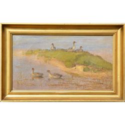 Framed original oil on canvas of 5 ducks  signed V. Joh; back of canvas marked  “Pintails Marsh, Cap