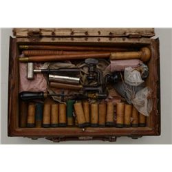 Antique leather covered wood shotgun  reloading tool box with tools, shells, etc.  in overall fair c