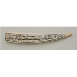 Scrimshaw reproduction walrus tusk approx.  14” long; one side displays whaling ships and  out boats