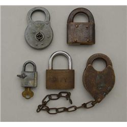 Lot of 5 old misc. locks including two  U.S.N.-marked (one with a key), an old brass  Yale Railroad 