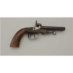 Antique European SxS pinfire pistol, 9mm, 4”  barrels, blue and nickel finish, wood grip;  this gun 
