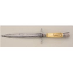 Large spear point dagger or dirk with 7-3/4"  blade, 12-7/8" overall, iron guard, carved  bone grip,