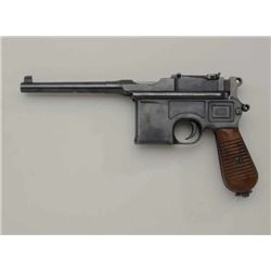 Mauser Model 1930 semi-auto pistol, 9mm cal.,  5-1/2” step barrel, blue finish, grooved  wood grips,