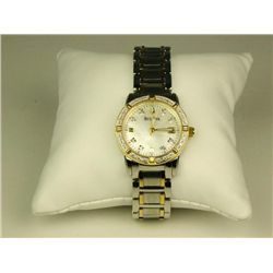 Elegant two-tone gold tone ladies ‘BULOVA’  watch with mother of pearl dial and 24 round  diamonds. 