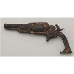 Rusty relic Colt Root revolver, .28 caliber  with classic appearance in cocked position,  no grips .