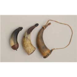 Lot of 3 priming horns, one nicely tacked  with carved wood plug, circa 1800-1860,  measures 7" acro